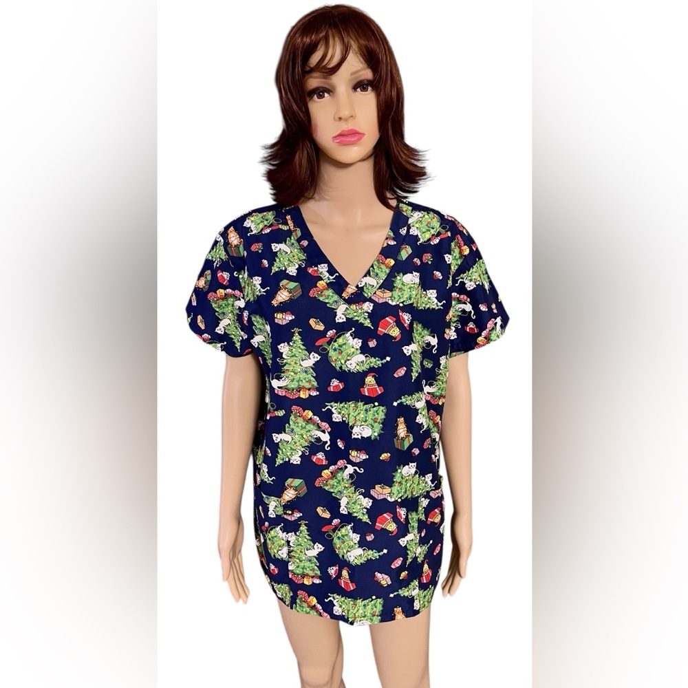 Serene Uniforms Festive Winter Navy Blue Scrub Top